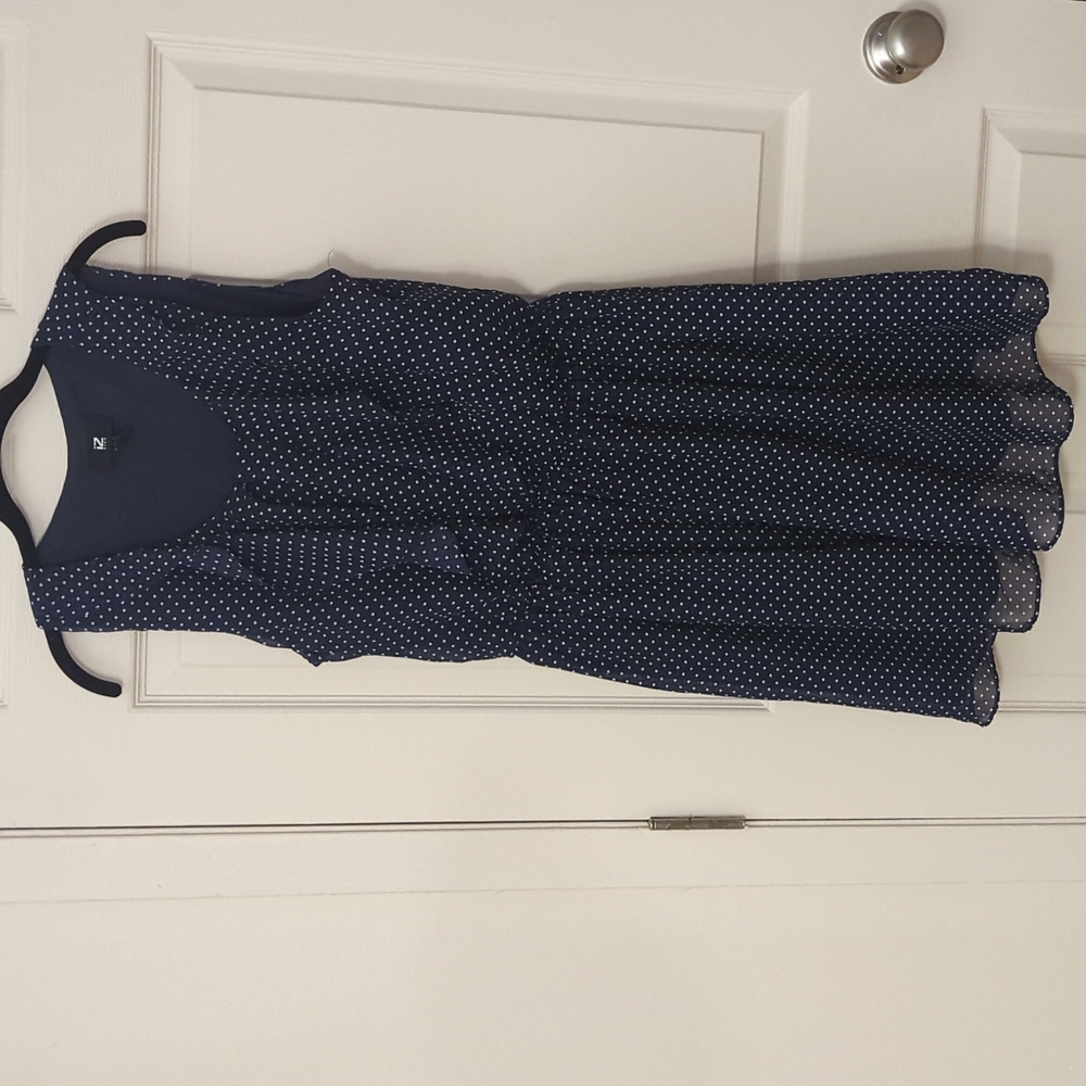 Blue and white polka dot dress
